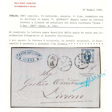 1863 REGNO 15 c. AZZURRO II TIPO CON DOPPIA DICITURA n.13e SU BUSTA...