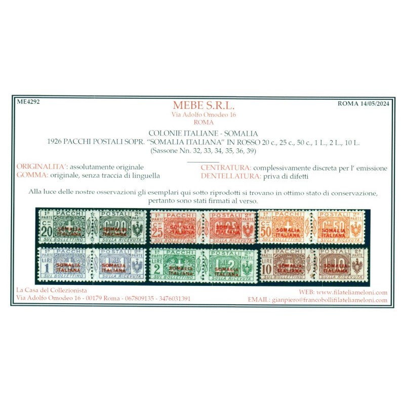 COLONIE 1926 SOMALIA PACCHI POSTALI SOPR. ROSSO 13 V. S.55 G.I MNH*...