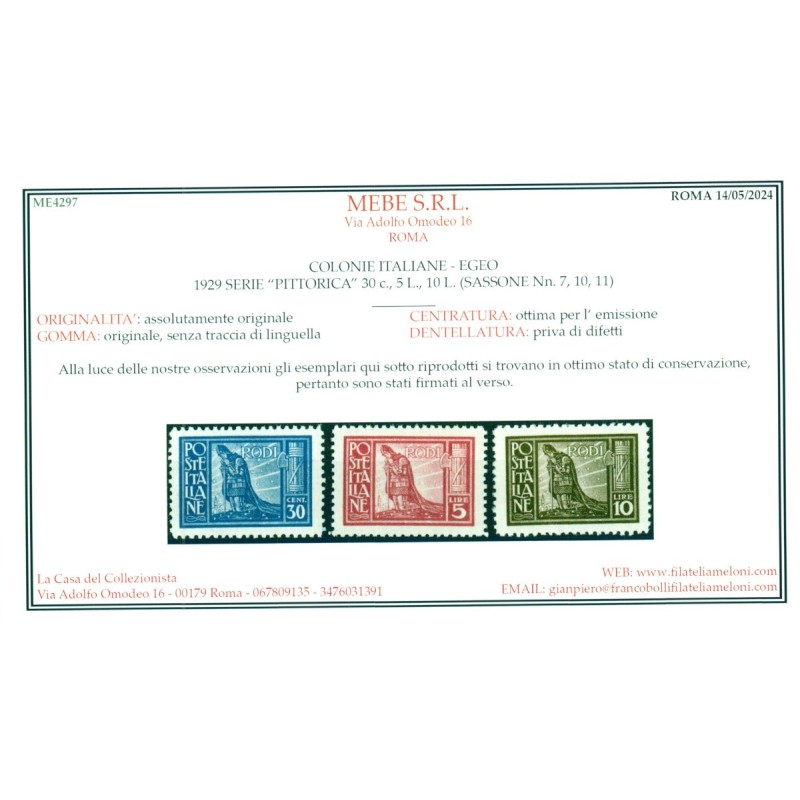 COLONIE 1929 EGEO PITTORICA DENT. 11 9 VALORI S.2 G.I MNH** CERT.  ...