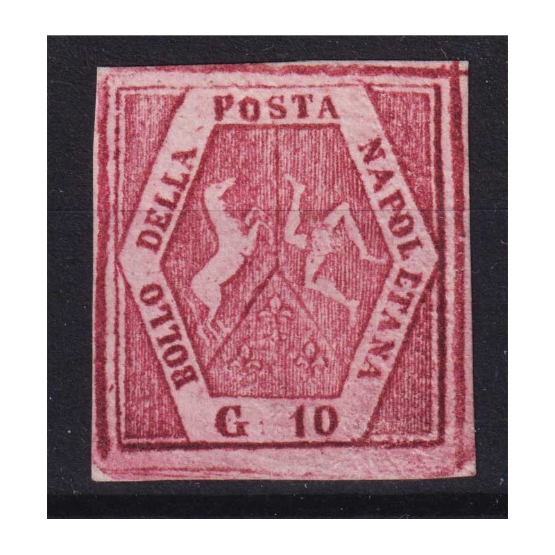 NAPOLI 1858 10 GRANA FALSO IV TIPO CARMINIO LILLACEO N.F6 G.O MLH* ...