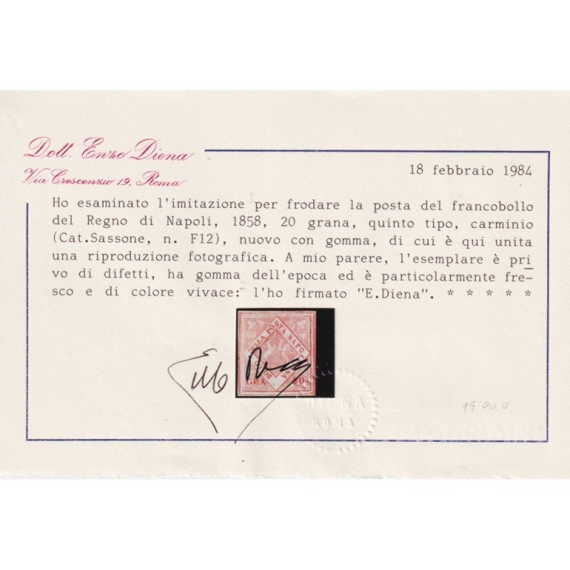 NAPOLI 1858 20 GRANA FALSO V TIPO CARMINIO N.F12 G.O MLH* CERT.  | ...