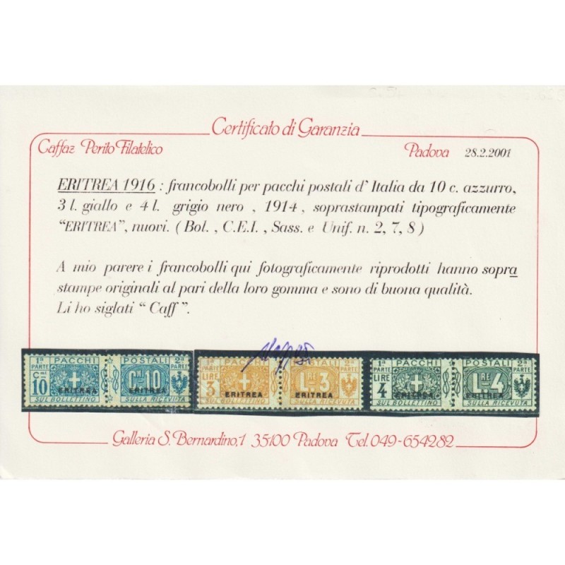 COLONIE ERITREA 1916 PACCHI POSTALI 8 V. N.1,3-8 G.O MLH* CERT.  | ...