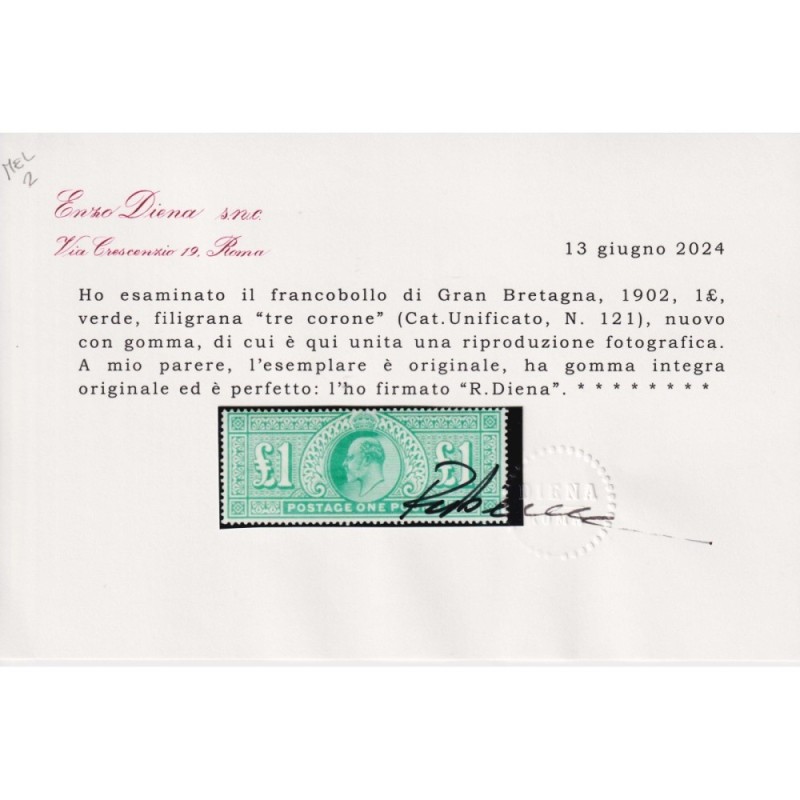 GRAN BRETAGNA 1902 1 £ VERDE CAT. UNIFICATO 121 G.I MNH** CERT.  | ...