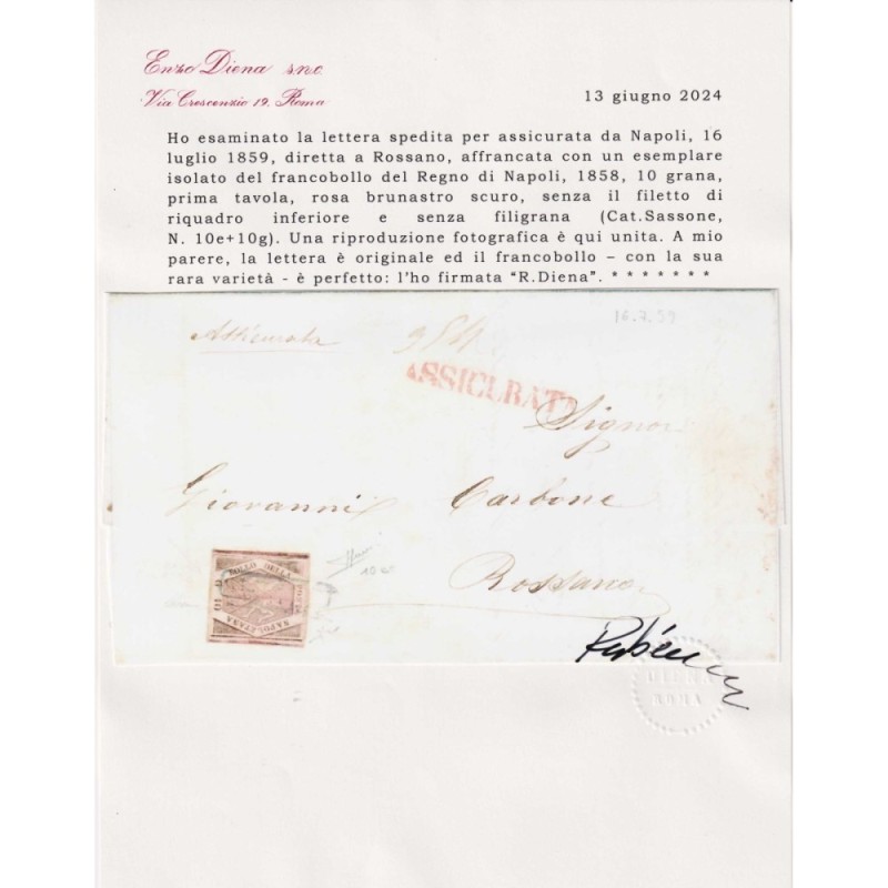 NAPOLI 1858 10 GR. I TAV. ROSA BRUNASTRO SC. ISOLATO VARIETA' SU BU...