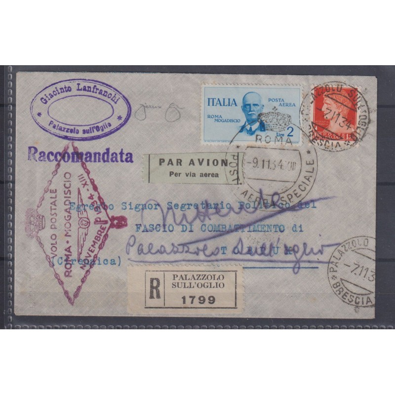 REGNO D'ITALIA 1934 POSTA AEREA VOLO ROMA MOGADISCIO 6 V. SU 6 BUST...