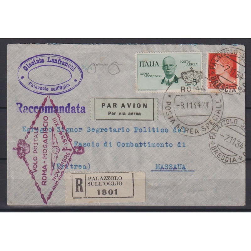 REGNO D'ITALIA 1934 POSTA AEREA VOLO ROMA MOGADISCIO 6 V. SU 6 BUST...