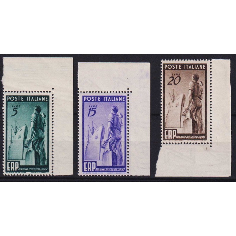 REPUBBLICA 1949 E.R.P 3 V. G.I MNH** ANGOLO FOGLIO  | Filatelia Meloni