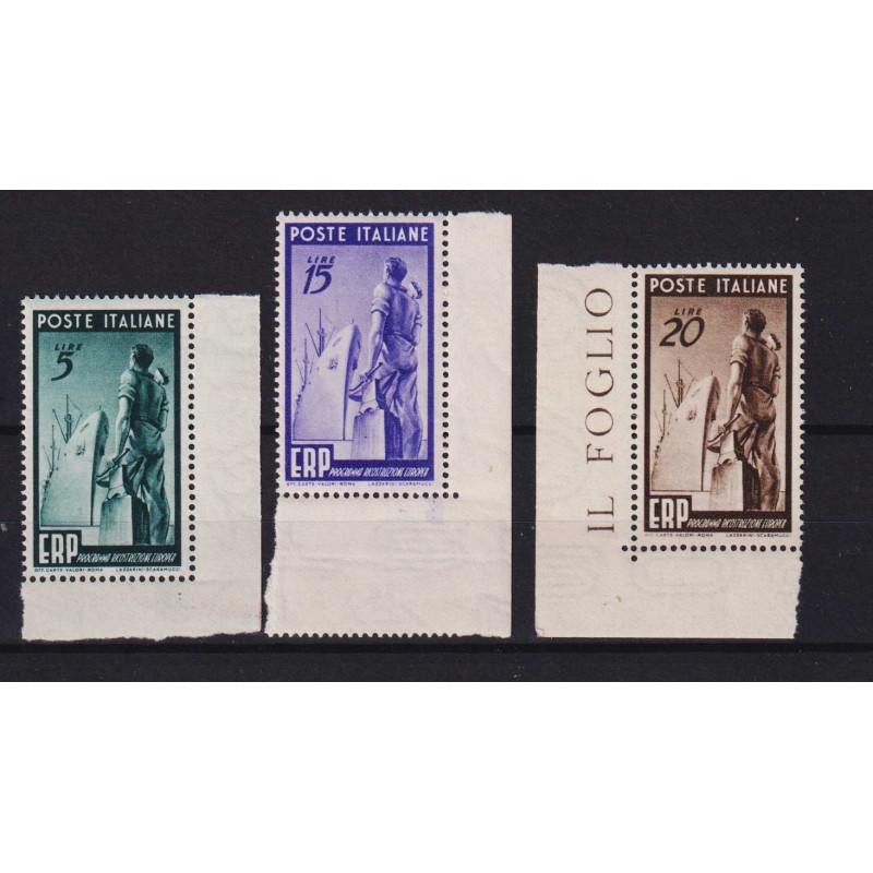 REPUBBLICA 1949 E.R.P 3 V. G.I MNH** ANGOLO FOGLIO  | Filatelia Meloni