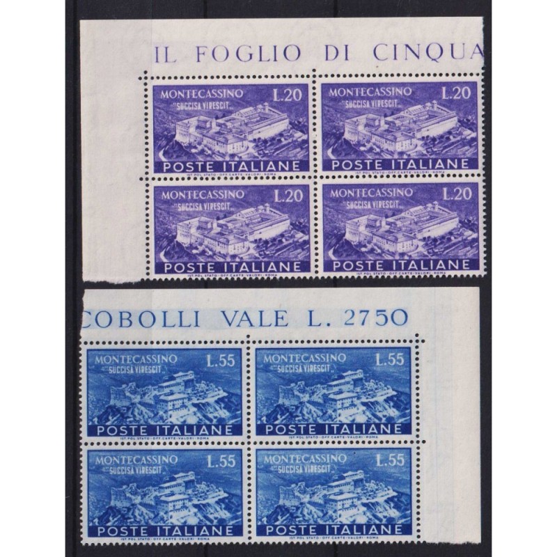 REPUBBLICA 1951 QUARTINE MONTECASSINO 2 V. G.I MNH** ANGOLO FOGLIO ...