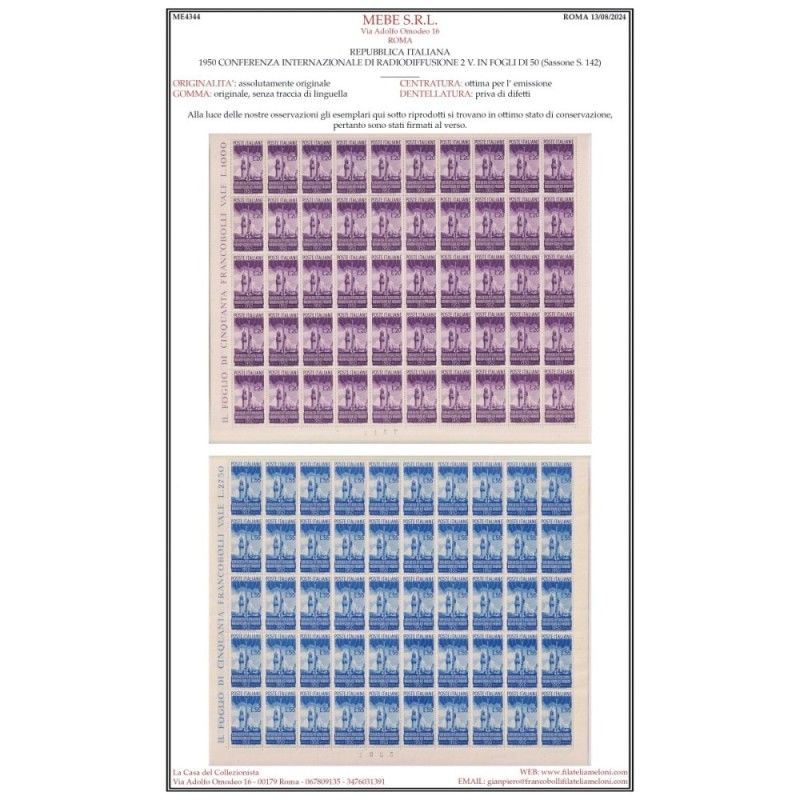 REPUBBLICA 1950 FOGLI RADIODIFFUSIONE 50 V. G.I MNH** CERT.  | Fila...