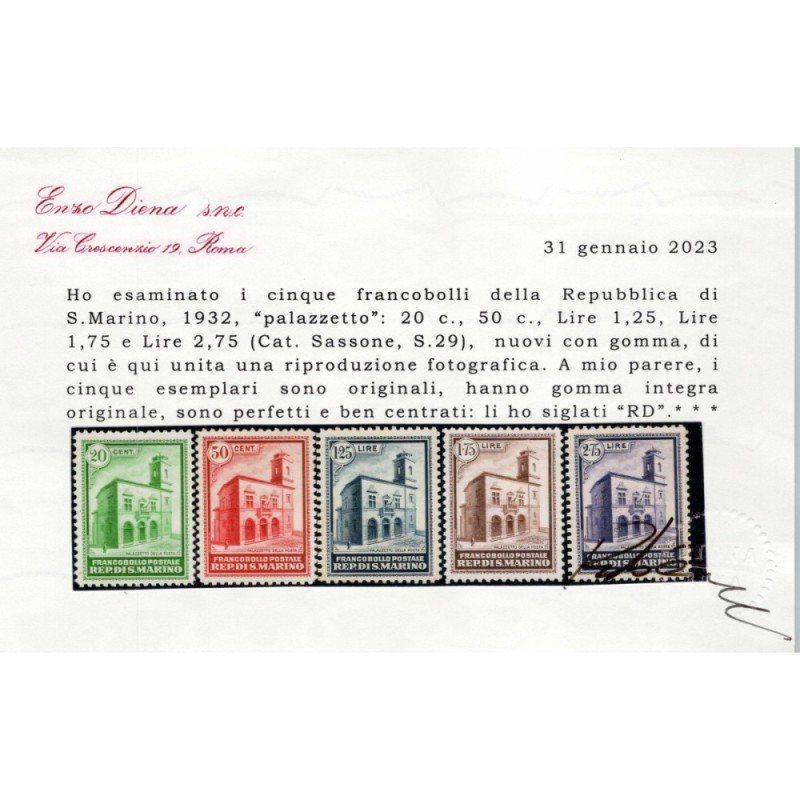 SAN MARINO 1932 PALAZZETTO DELLA POSTA 4 V. N.159-163 G.I MNH** CER...