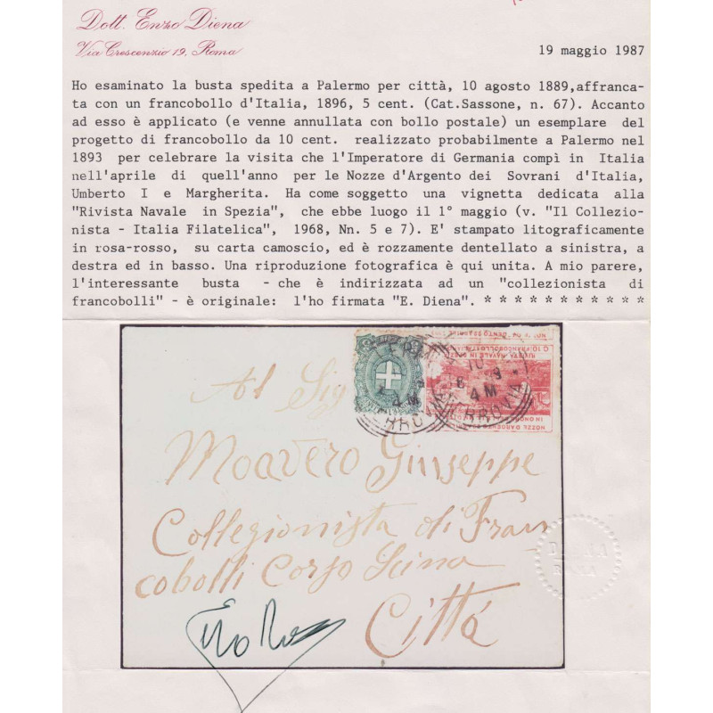 1889 REGNO SAGGIO DA 10 c. + 5 c. SU BUSTA VIAGGIATA CERT.  | Filat...