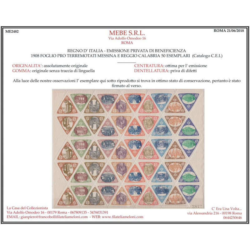 1908 REGNO FOGLIO PRO TERREMOTATI 50 ES. CERT. G.I. MNH**  | Filate...