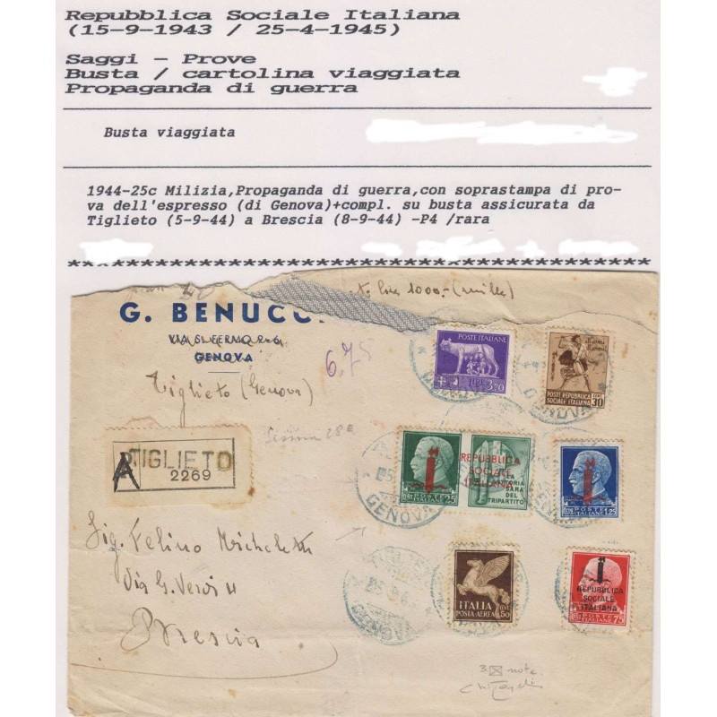 1944 PROPAGANDA DI GUERRA 25 c. SOPR. PROVA n.P4 + COMPL. BUSTA VIA...