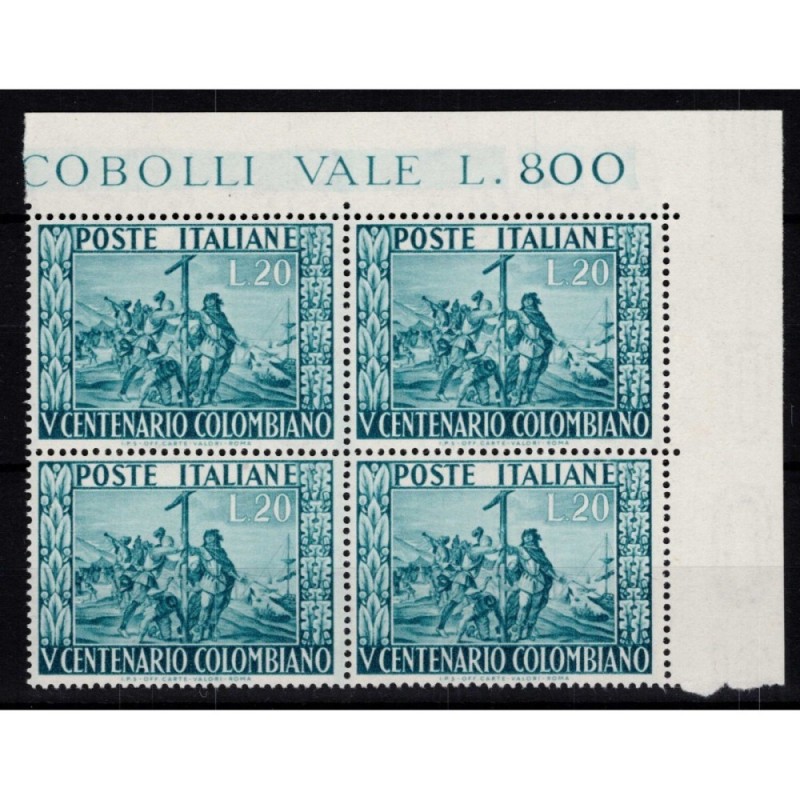 REPUBBLICA 1951 QUARTINA COLOMBO 4 V. G.I MNH** ANGOLO FOGLIO  | Fi...