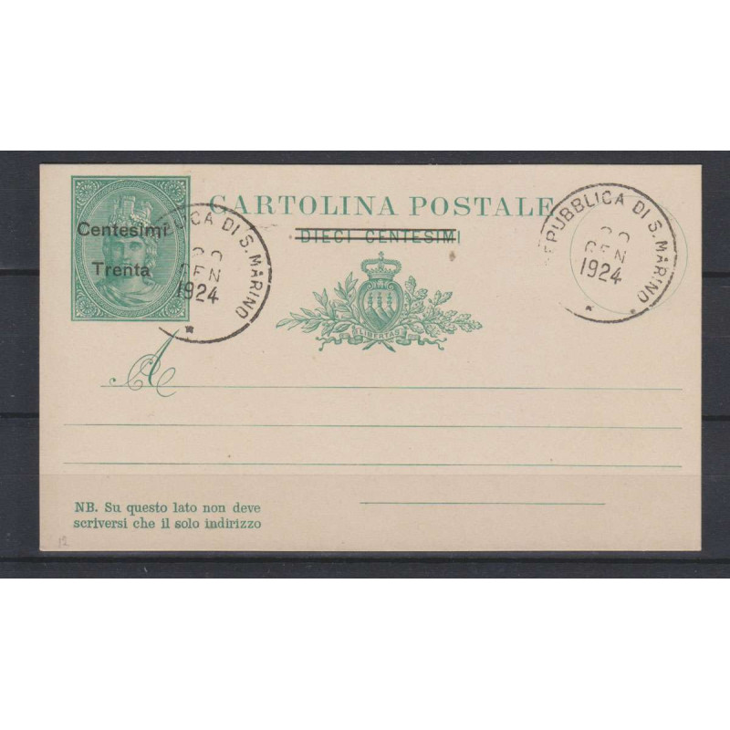 SAN MARINO CARTOLINA POSTALE INTERO PROVVISORIA 30 CENT. SU 10 CENT...