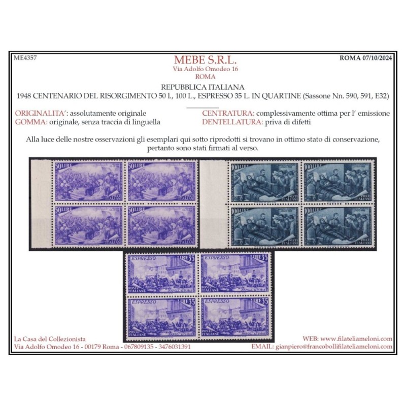 REPUBBLICA 1948 QUARTINE RISORGIMENTO 52 V. G.I MNH** CERT.  | Fila...