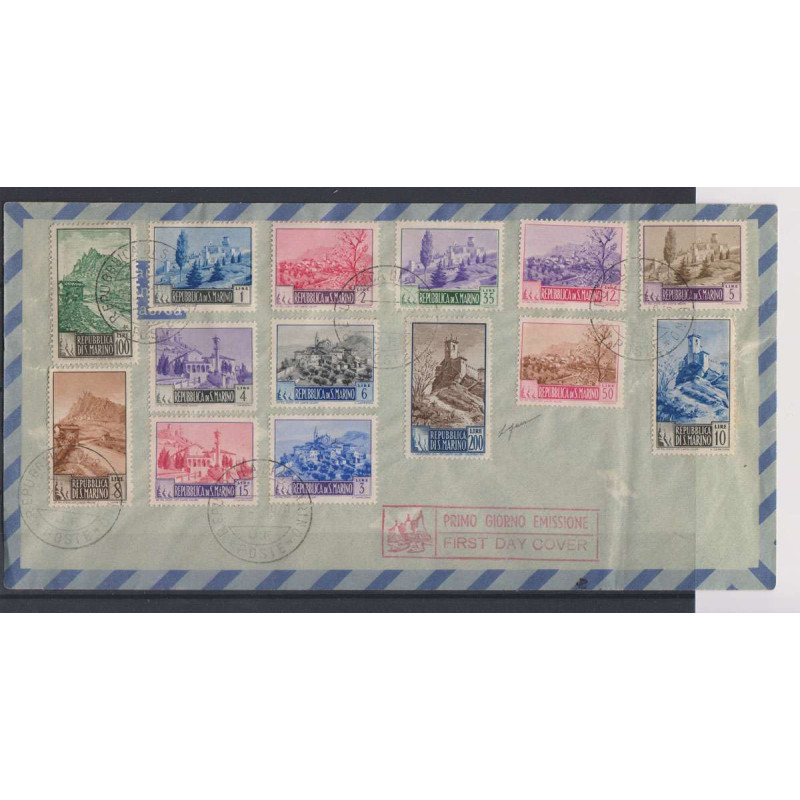 SAN MARINO 1949-50 PAESAGGI 14 VALORI SU BUSTA FDC I GIORNO  | Fila...