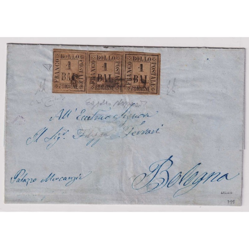 ROMAGNE 1859 STRISCIA 1 B.AJOCCO BRUNO GRIGIO 3 V. N.2 SU BUSTA CER...