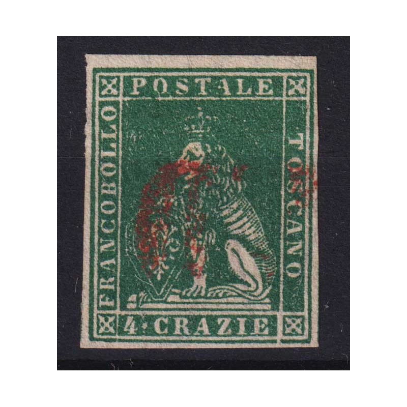 TOSCANA 1857 4 CRAZIE VERDE N.14 US. BEN MARGINATO  | Filatelia Meloni