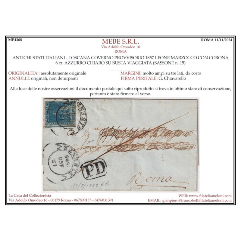 TOSCANA 1857 6 CRAZIE AZZURRO CHIARO N.15 US. SU BUSTA IN GOVERNO P...