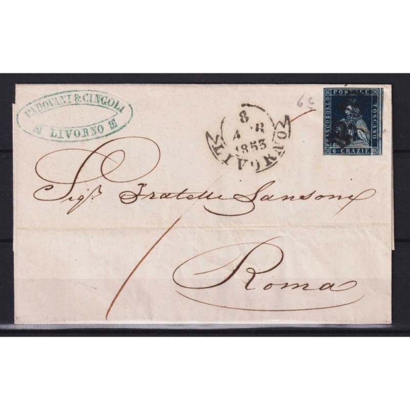 TOSCANA 1851 6 CRAZIE AZZURRO SCURO SU AZZURRO N.7c SU BUSTA CERT. ...