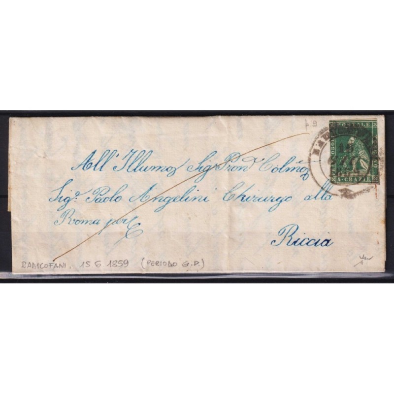 TOSCANA 1857 4 CRAZIE VERDE GIALLASTRO N.14a SU BUSTA IN GOVERNO PR...