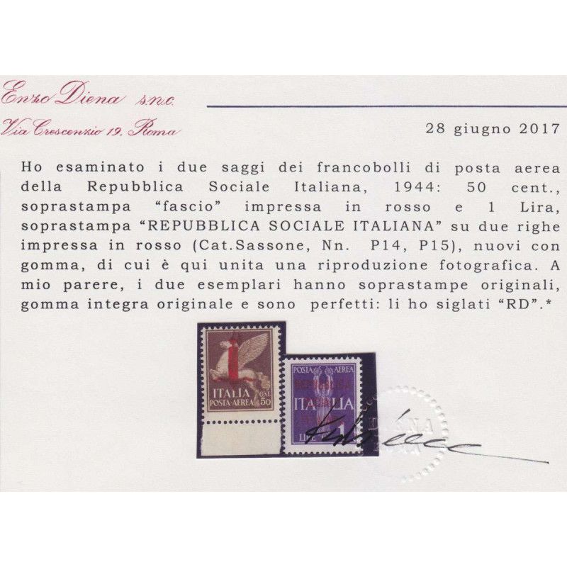 1944 R.S.I. SAGGI P.A. 2 V. SOPR. FASCIO ROSSO Nn.P14-P15 BORDO CER...