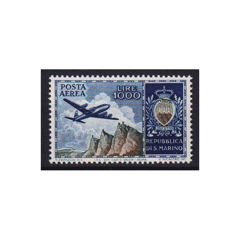 SAN MARINO 1954 P/A AEREO VEDUTA BANDIERINO 1000 LIRE N.112 G.I MNH...