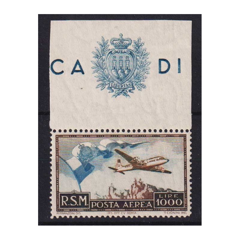 SAN MARINO 1951 P/A AEREO VEDUTA BANDIERA 1000 LIRE N.99 G.I MNH** ...