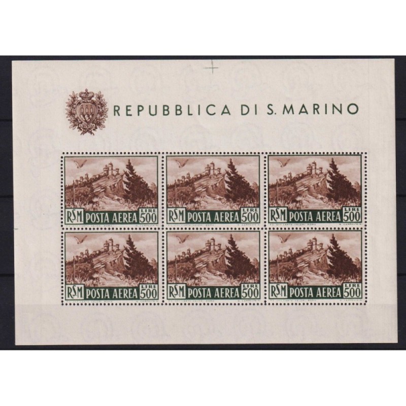 SAN MARINO 1951 FOGLIETTO VEDUTA 500 LIRE N.12 G.I MNH** CERT.  | F...