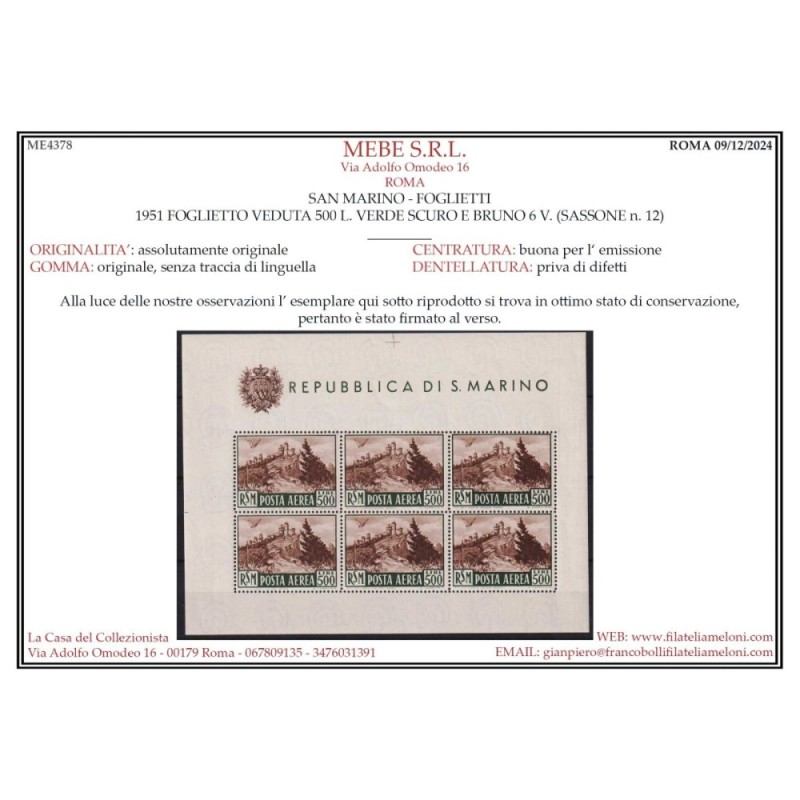 SAN MARINO 1951 FOGLIETTO VEDUTA 500 LIRE N.12 G.I MNH** CERT.  | F...