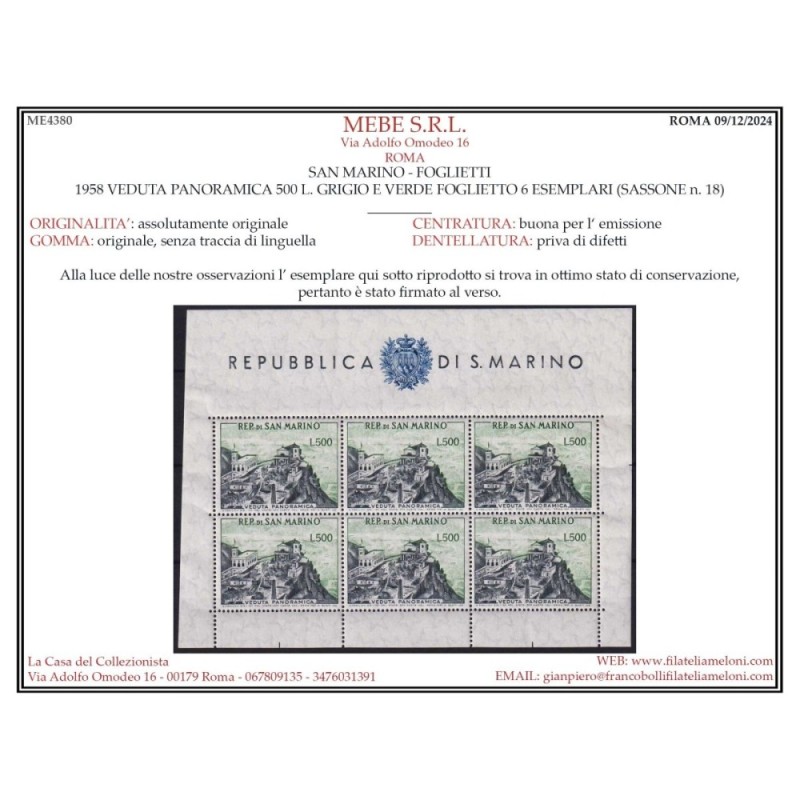 SAN MARINO 1955 FOGLIETTO VEDUTA N.18 G.I MNH** CERT.  | Filatelia ...