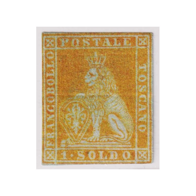 TOSCANA 1851 1 SOLDO GIALLO ORO SU AZZURRO N.2c SENZA GOMMA CERT.  ...