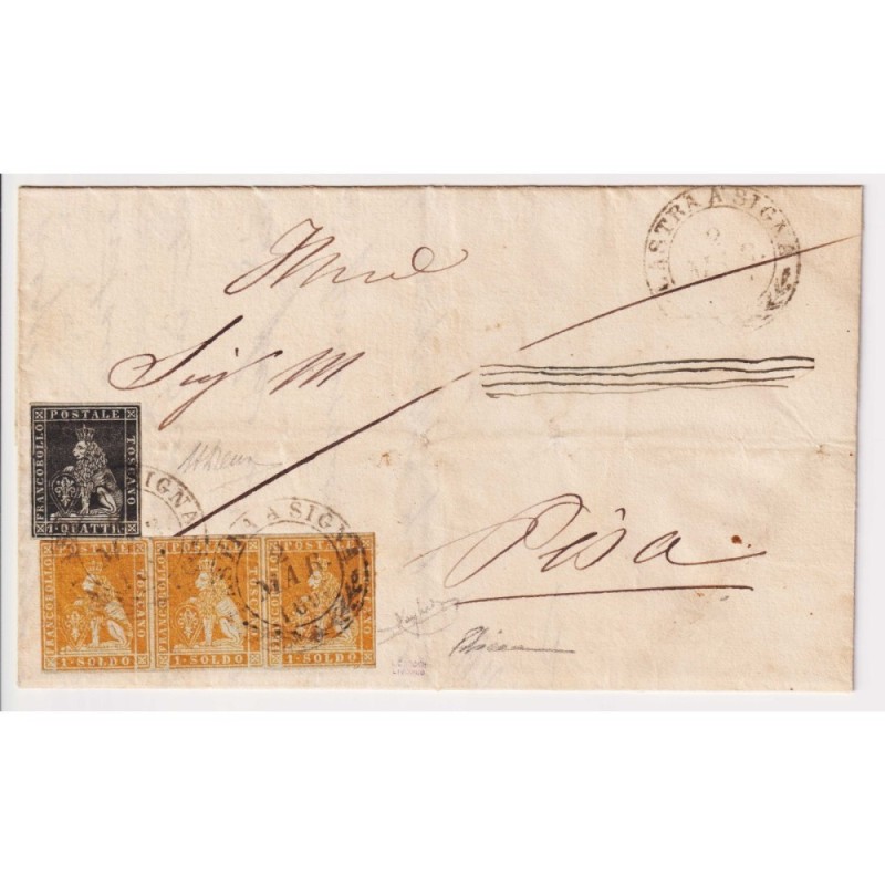 TOSCANA 1851-52 STRISCIA 1 SOLDO ARANCIO + 1 QUATTRINO US. N.1,2e S...