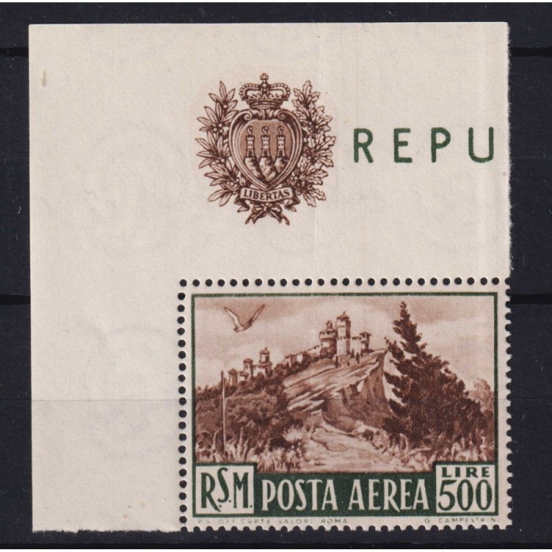 SAN MARINO 1951 P/A VEDUTA 500 LIRE N.97 G.I MNH** ANGOLO FOGLIO  |...