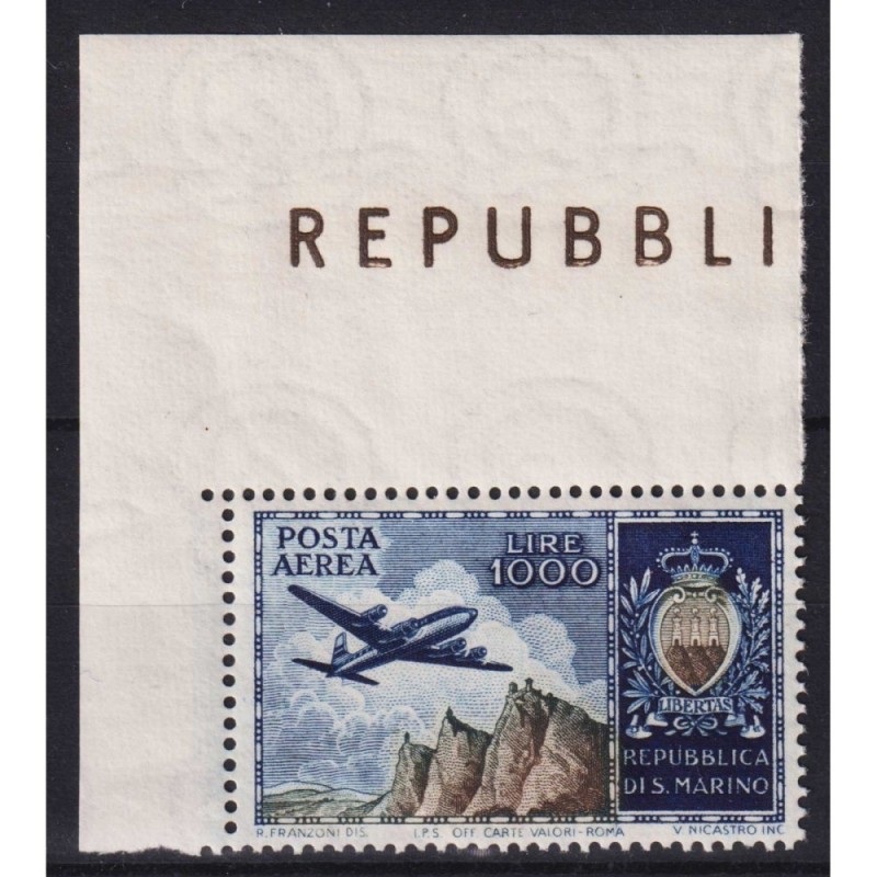 SAN MARINO 1954 P/A AEREO VEDUTA BANDIERINO 1000 LIRE N.112 G.I MNH...