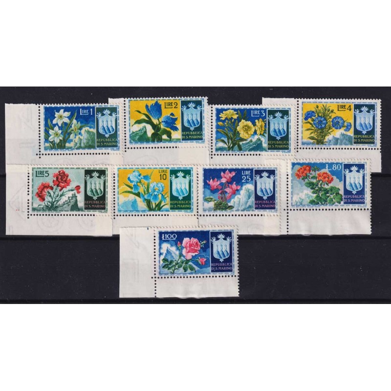 SAN MARINO 1953 FIORI 9 VALORI G.I MNH** ANGOLO FOGLIO  | Filatelia...