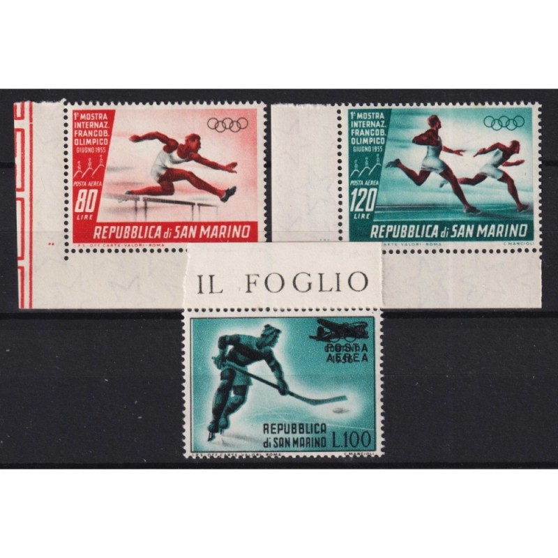 SAN MARINO 1955 1956 POSTA AEREA MOSTRA INTERNAZIONALE E GIOCHI 3 V...