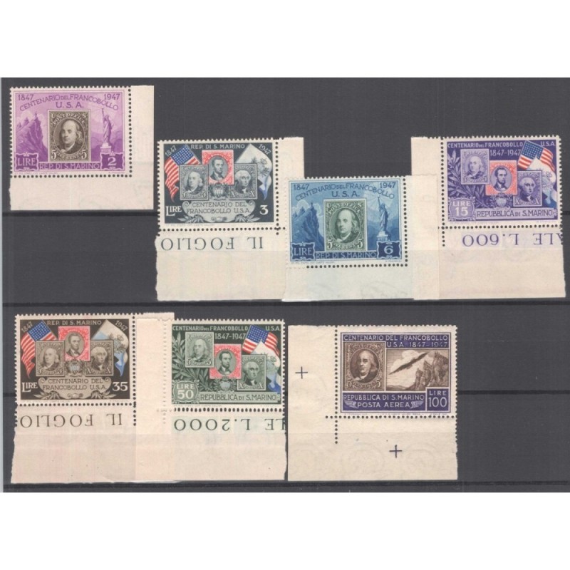 SAN MARINO 1949 CENTENARIO PRIMO FRANCOBOLLO 7 VALORI G.I MNH** ANG...