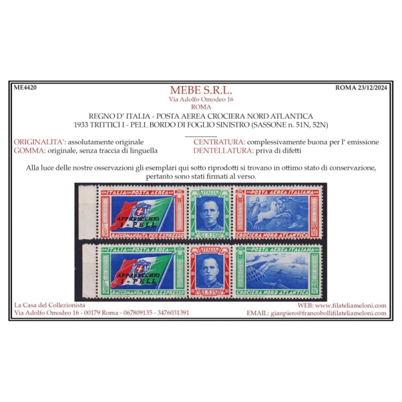 REGNO 1933 TRITTICI CROCIERA NORD ATLANTICA I – PELL 2 V. G.I MNH**...