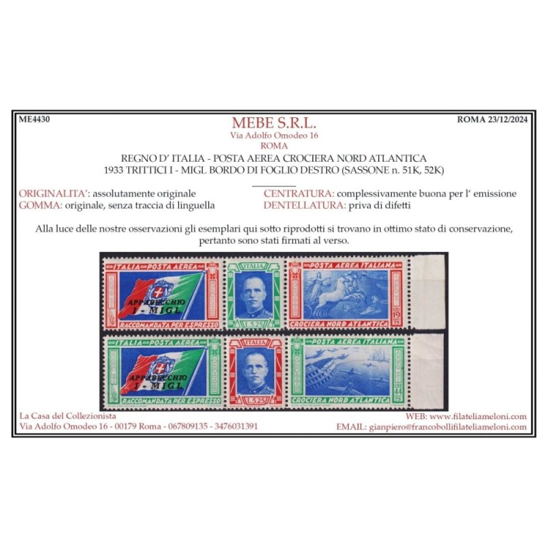 REGNO 1933 TRITTICI CROCIERA NORD ATLANTICA I – MIGL 2 V. G.I MNH**...