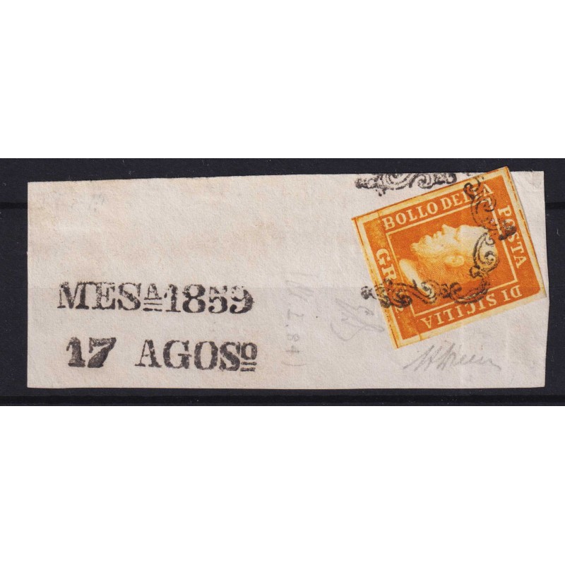 SICILIA 1859 ½ MEZZO GRANO ARANCIO SCURO I TAV. NA N.1e US. CERT.  ...