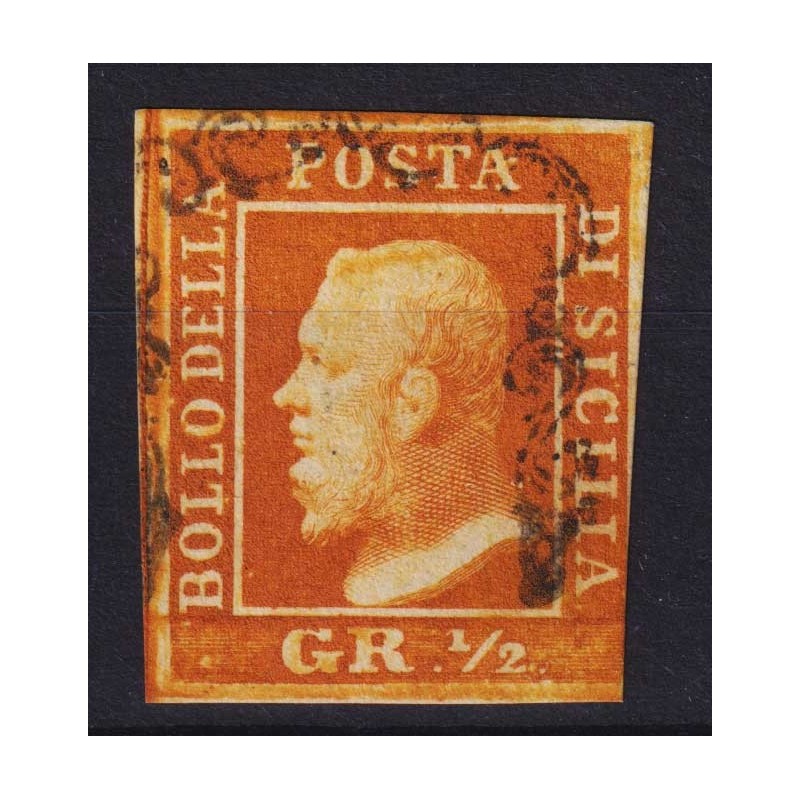 SICILIA 1859 ½ MEZZO GRANO ARANCIO CARICO I TAV. NA N.1f US. CERT. ...