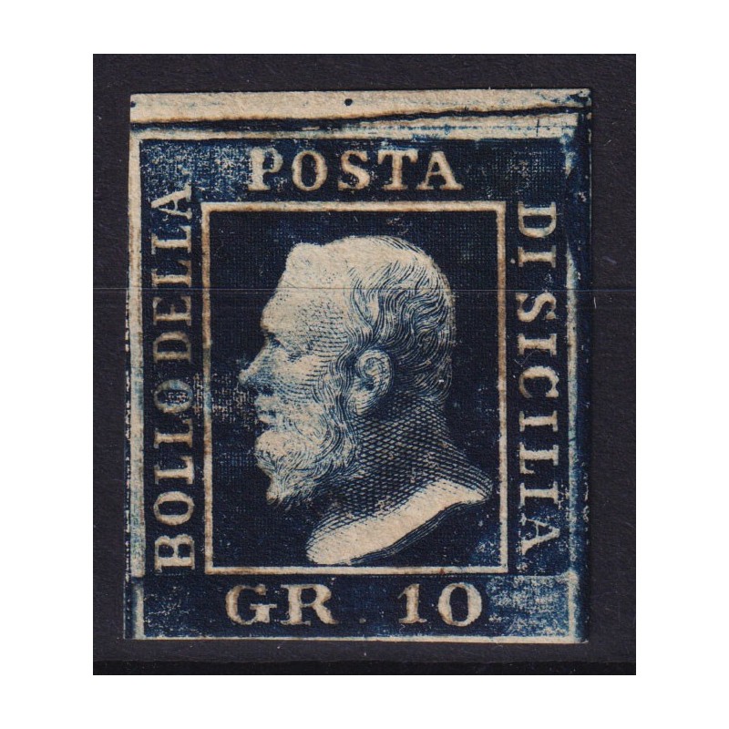 SICILIA 1859 10 GRANA INDACO NERO RITOCCO N.5 N.12a G.O MH* 2 CERT....