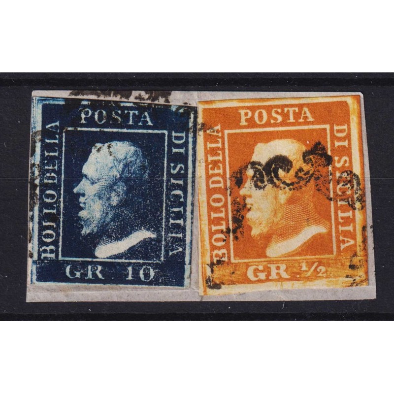 SICILIA 1859 ½ GRANO ARANCIO SCURO I TAV. E 10 GRANA N.1e,12 US. CE...