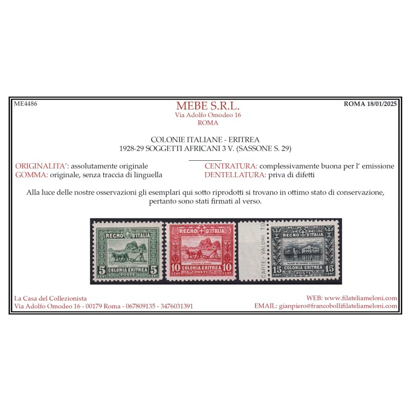 COLONIE ERITREA 1928-29 SOGGETTI AFRICANI 3 V. DENT.11 G.I MNH** CE...