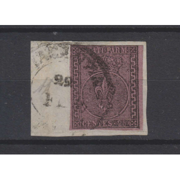 PARMA 1852 GIGLIO BORBONICO 25 CENTESIMI N.4 US SU FRAMMENTO F. COL...