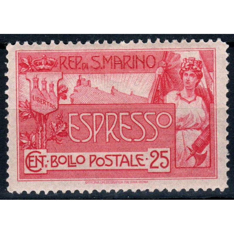 SAN MARINO 1907 ESPRESSO ALLEGORIA E VEDUTA 25 CENTESIMI N.1 G.I MN...