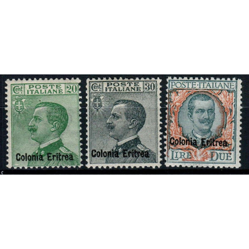 COLONIE ERITREA 1925 MICHETTI SOPRASTAMPATI 3 V. G.O MH* 2 LIRE G.I...